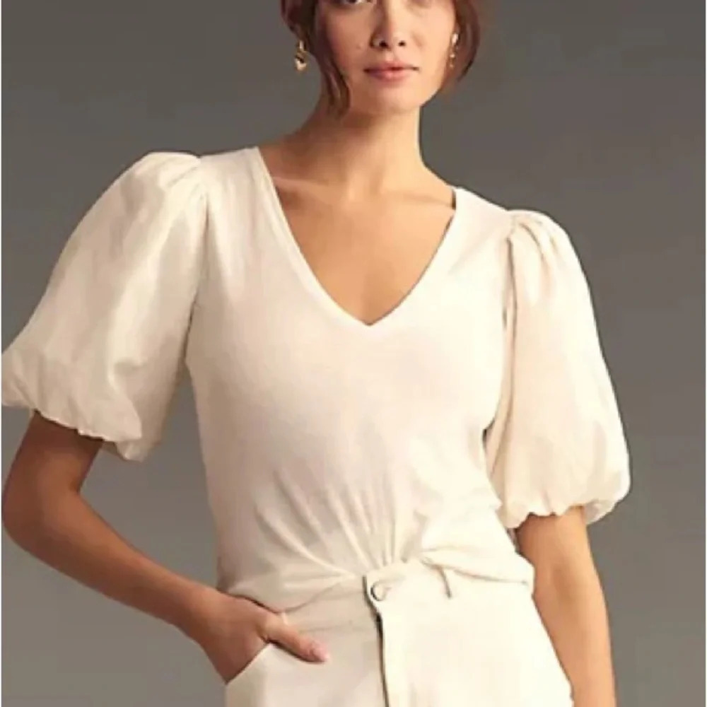 By Anthropologie Puff Sleeve v-neck Top White 33809